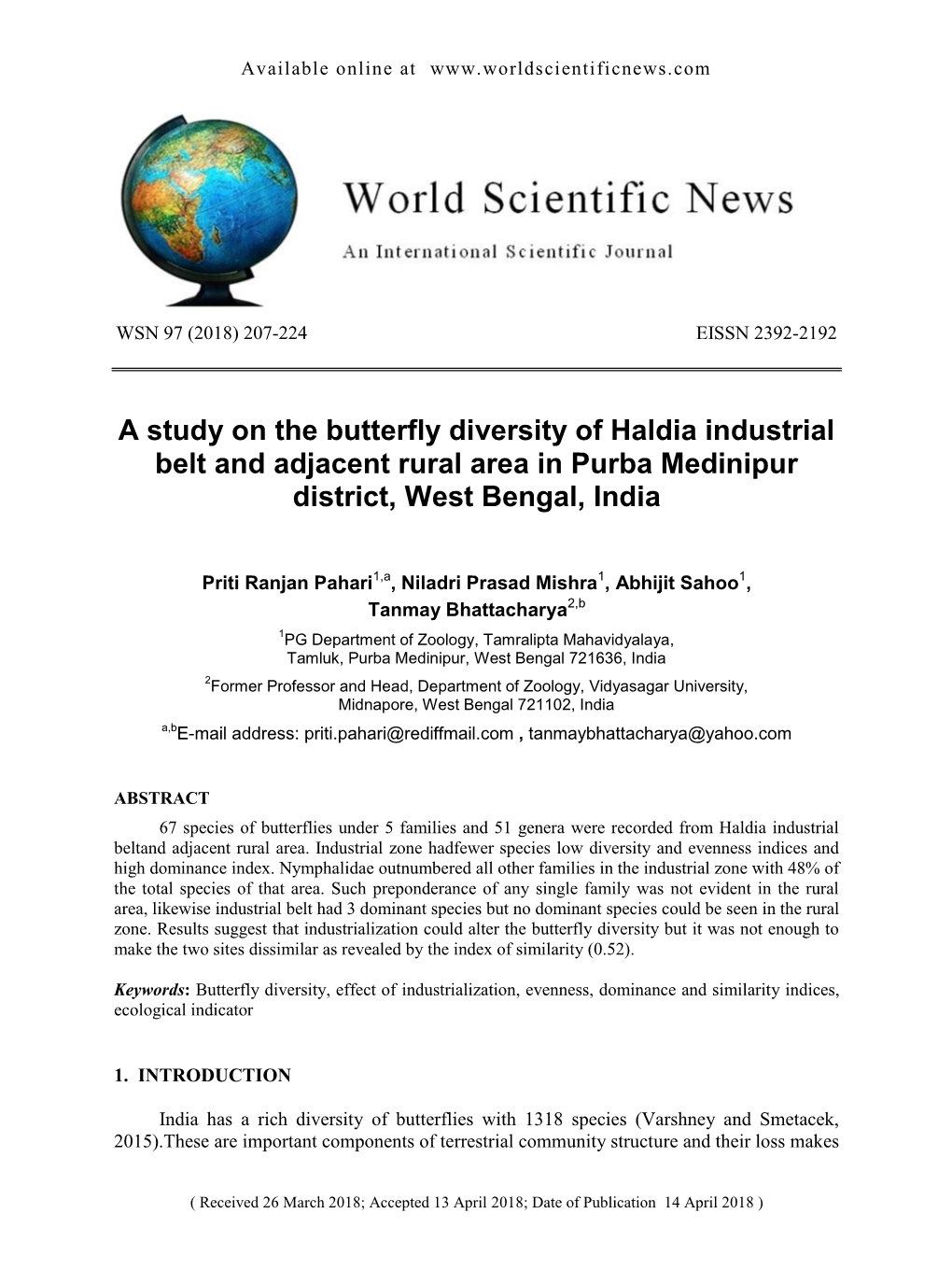 A Study on the Butterfly Diversity of Haldia Industrial Belt and Adjacent Rural Area in Purba Medinipur District, West Bengal, India