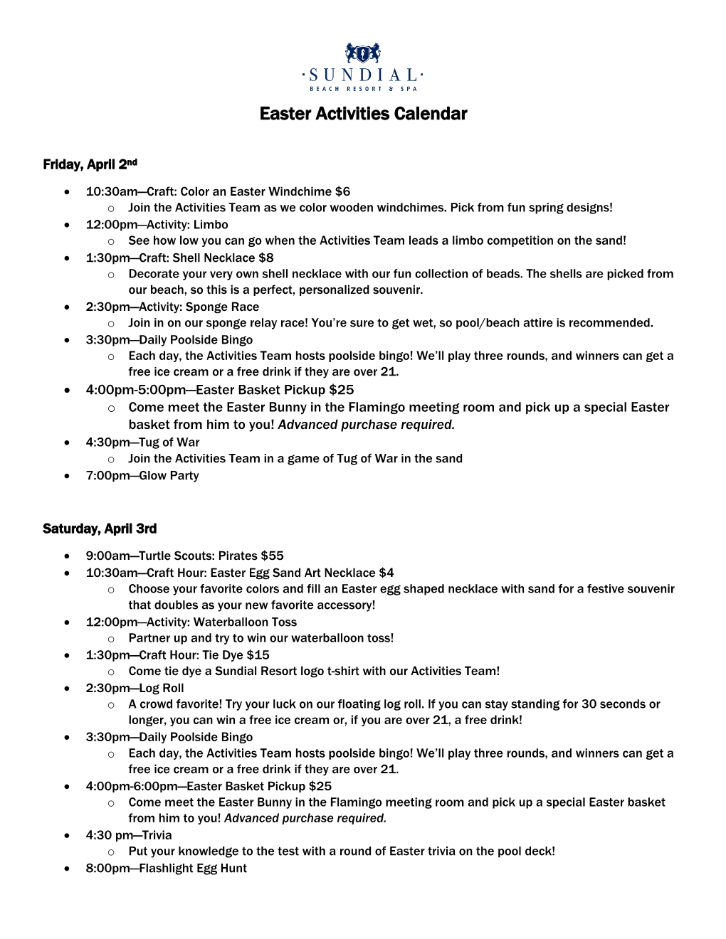 Easter Activities Calendar