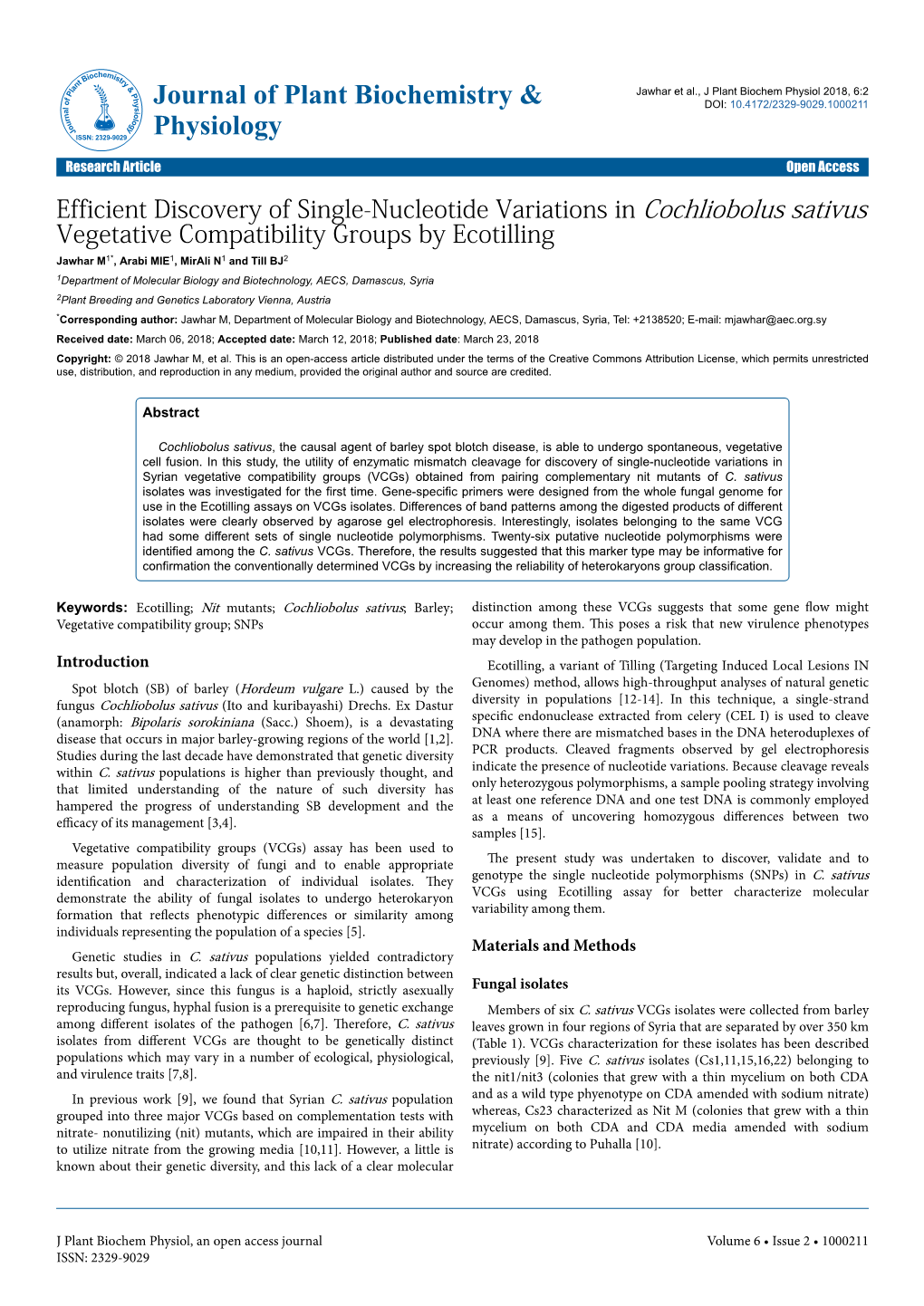 Efficient Discovery of Single-Nucleotide Variations in Cochliobolus Sativus Vegetative Compatibility Groups by Ecotilling