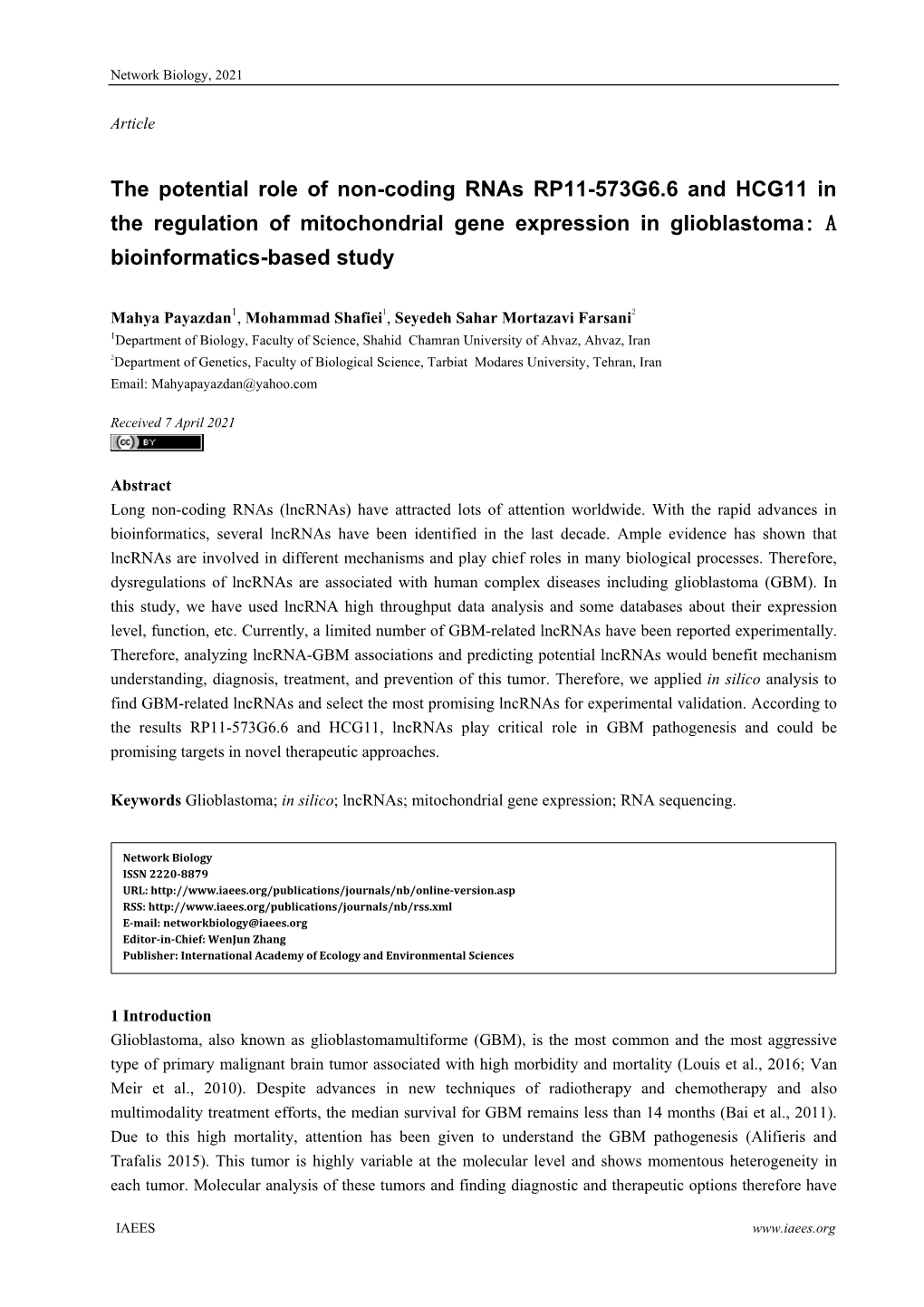 The Potential Role of Non-Coding Rnas RP11-573G6.6 and HCG11 in the Regulation of Mitochondrial Gene Expression in Glioblastoma: a Bioinformatics-Based Study