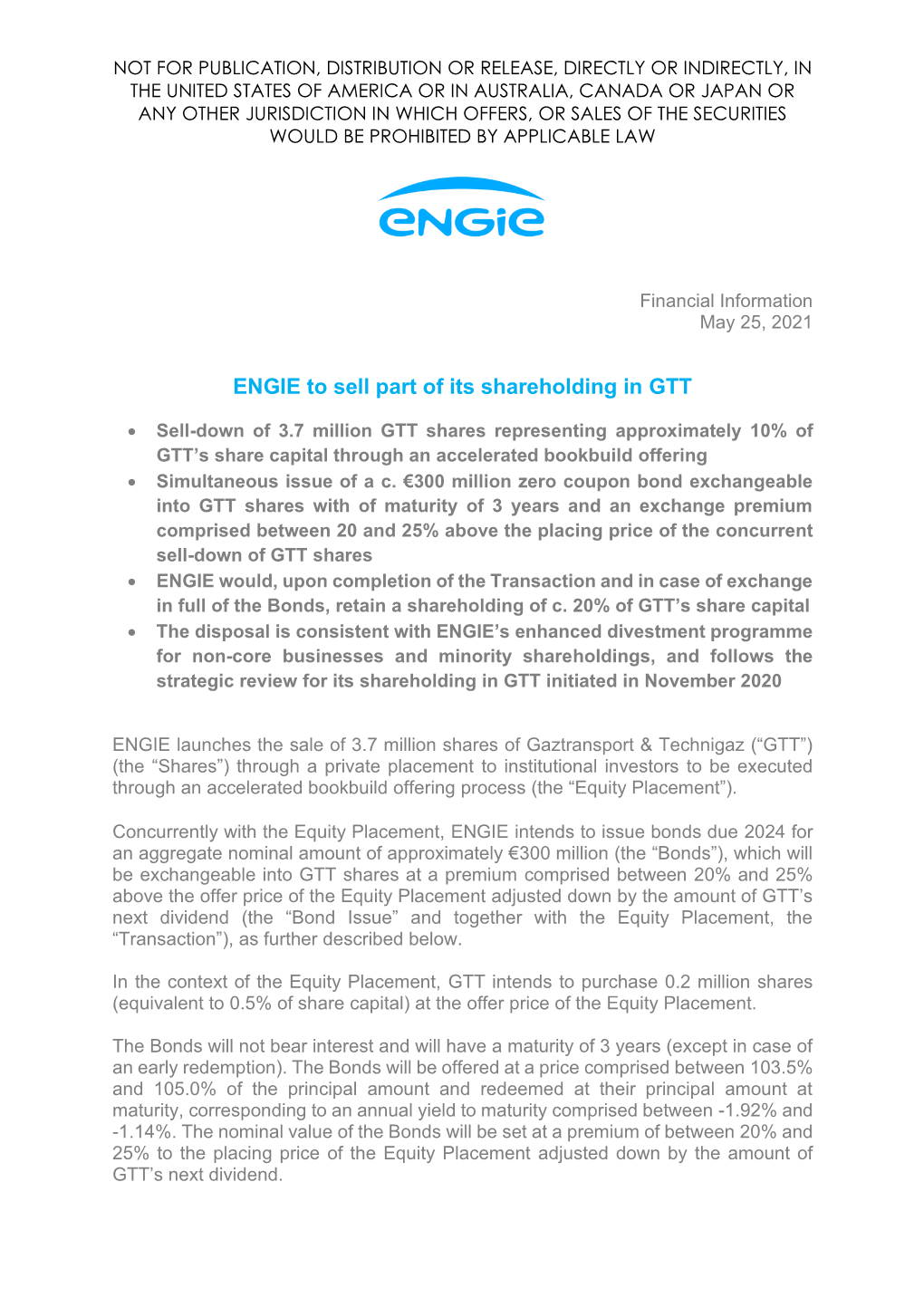 ENGIE to Sell Part of Its Shareholding in GTT