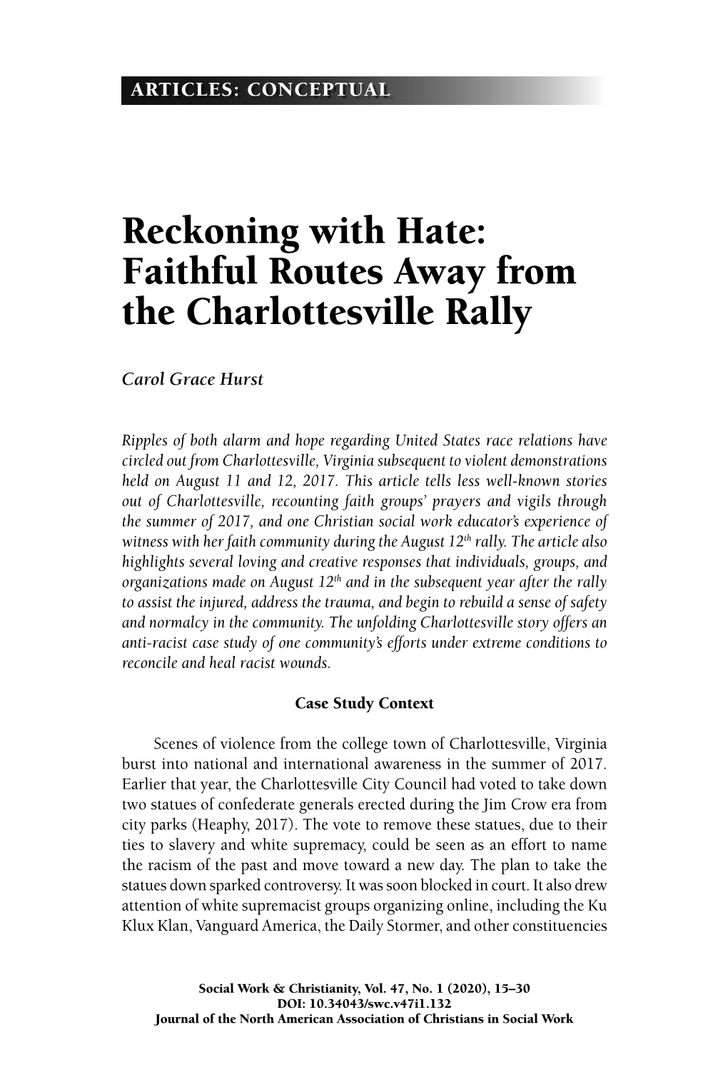 Reckoning with Hate: Faithful Routes Away from the Charlottesville Rally