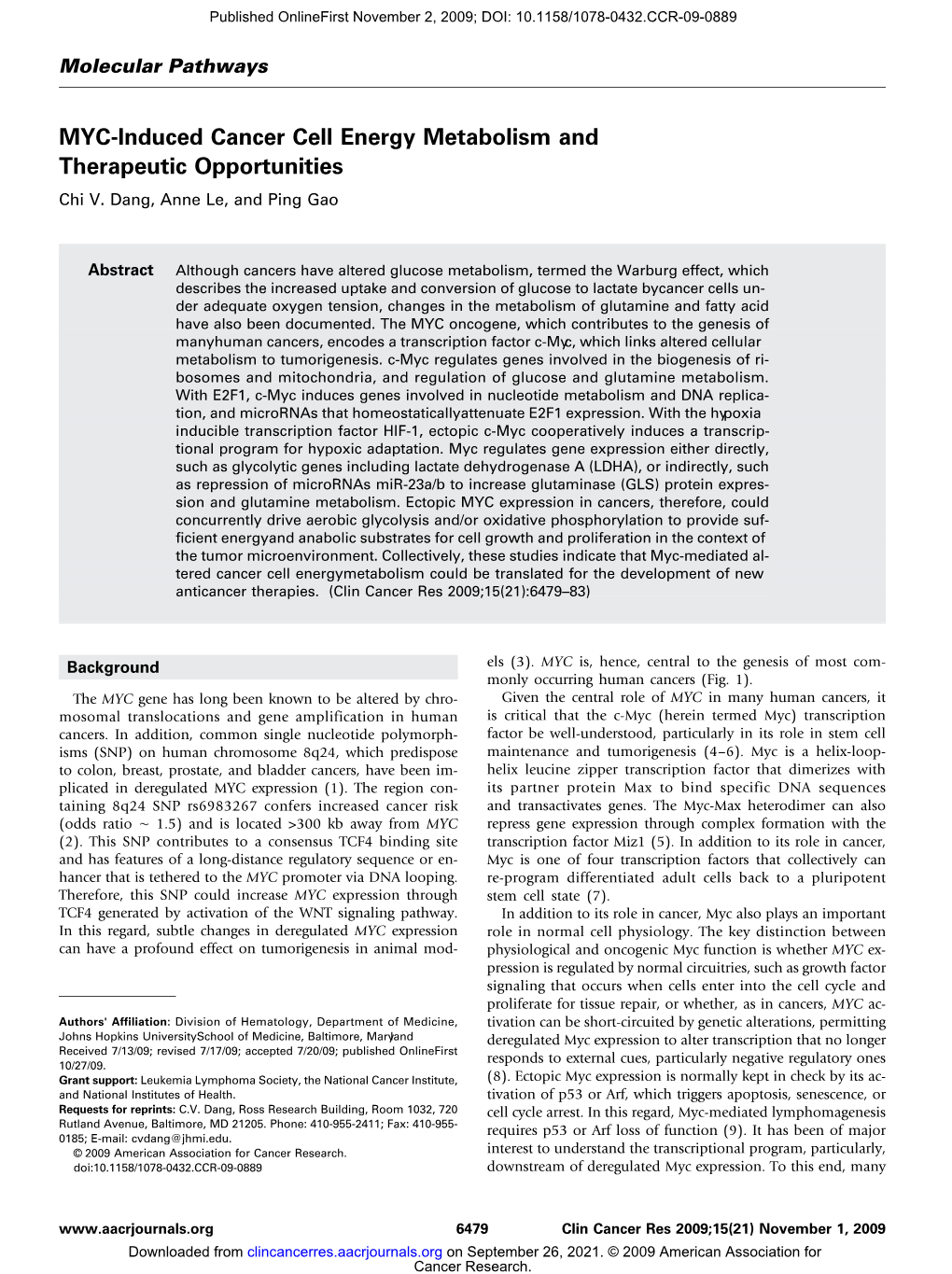 MYC-Induced Cancer Cell Energy Metabolism and Therapeutic Opportunities Chi V