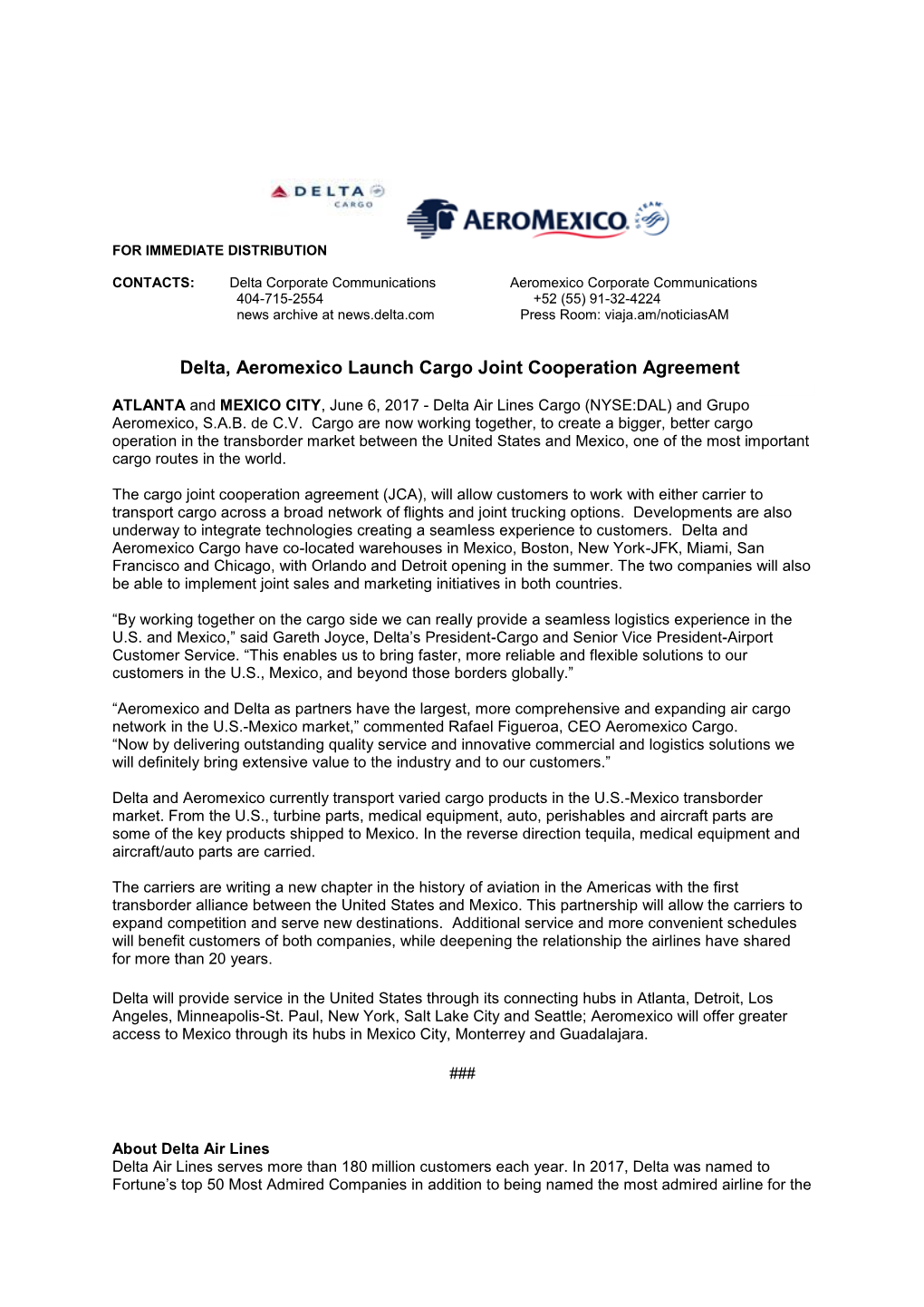 Delta, Aeromexico Launch Cargo Joint Cooperation Agreement