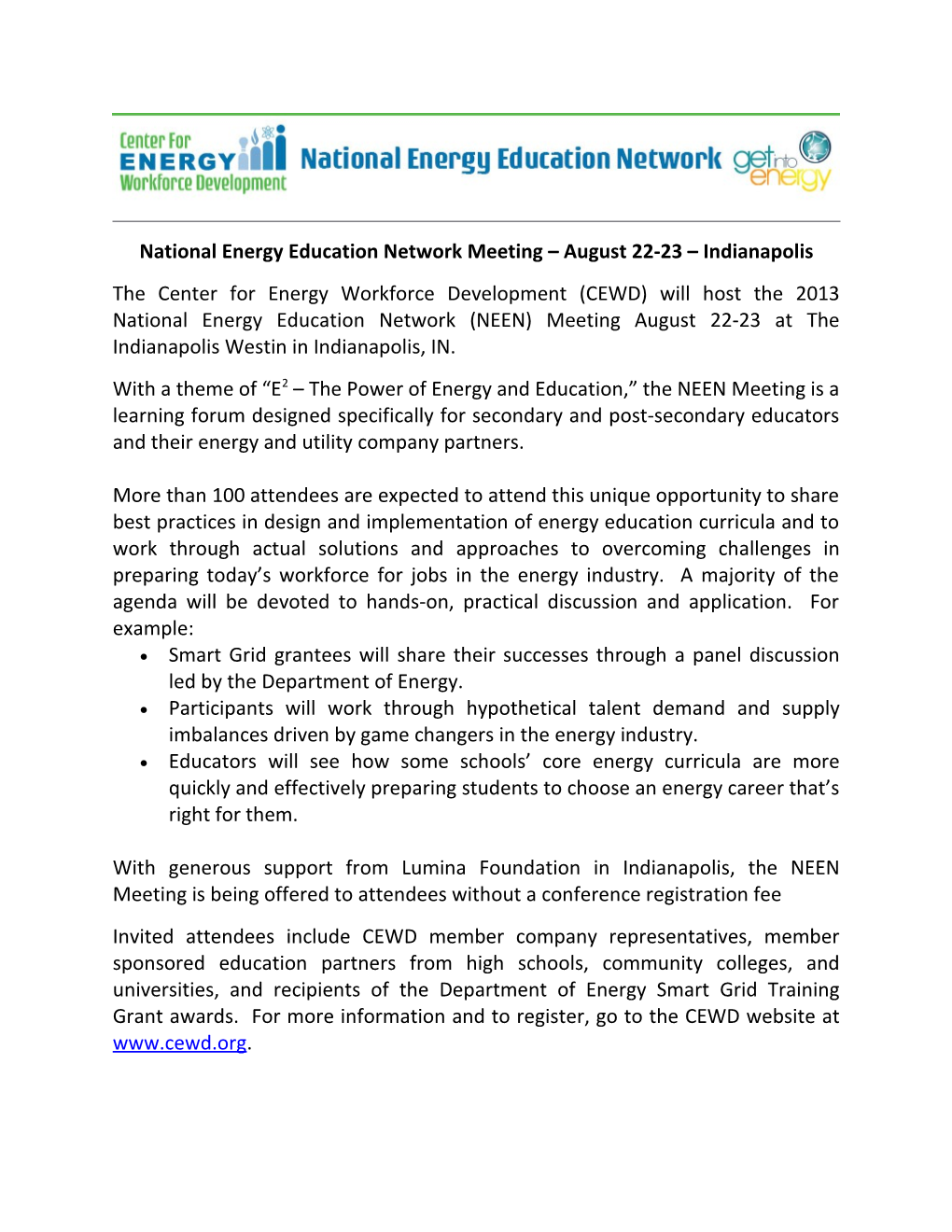 National Energy Education Network Meeting August 22-23 Indianapolis