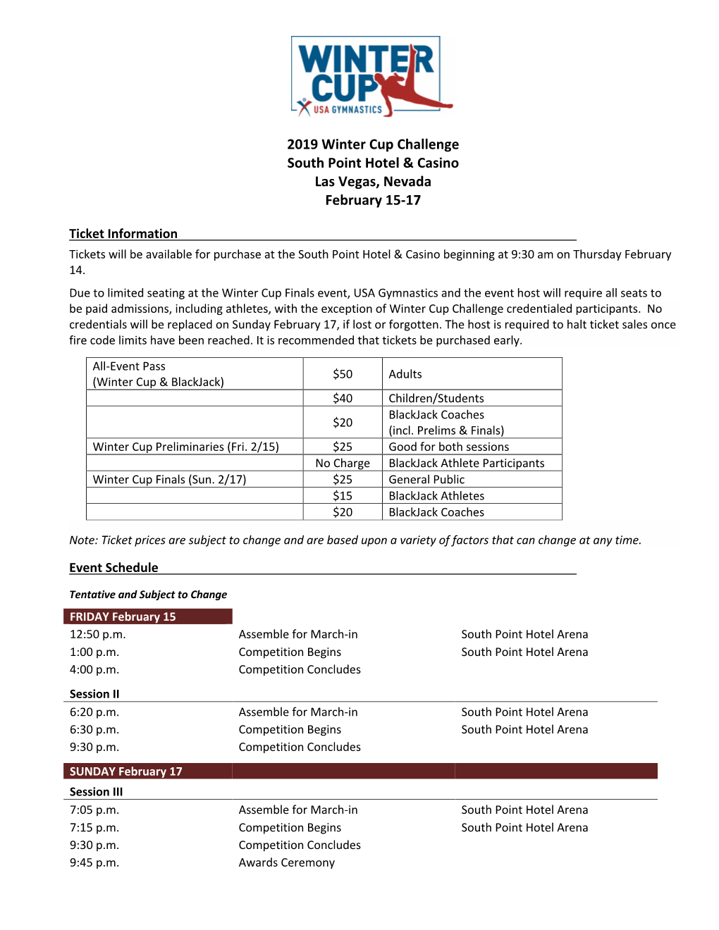 2019 Winter Cup Participant List and Schedule