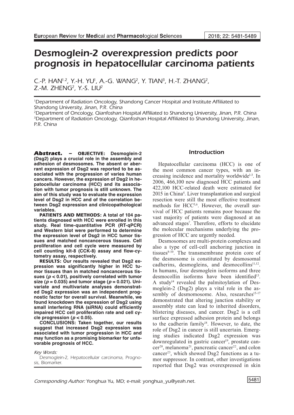 Desmoglein-2 Overexpression Predicts Poor Prognosis in Hepatocellular Carcinoma Patients