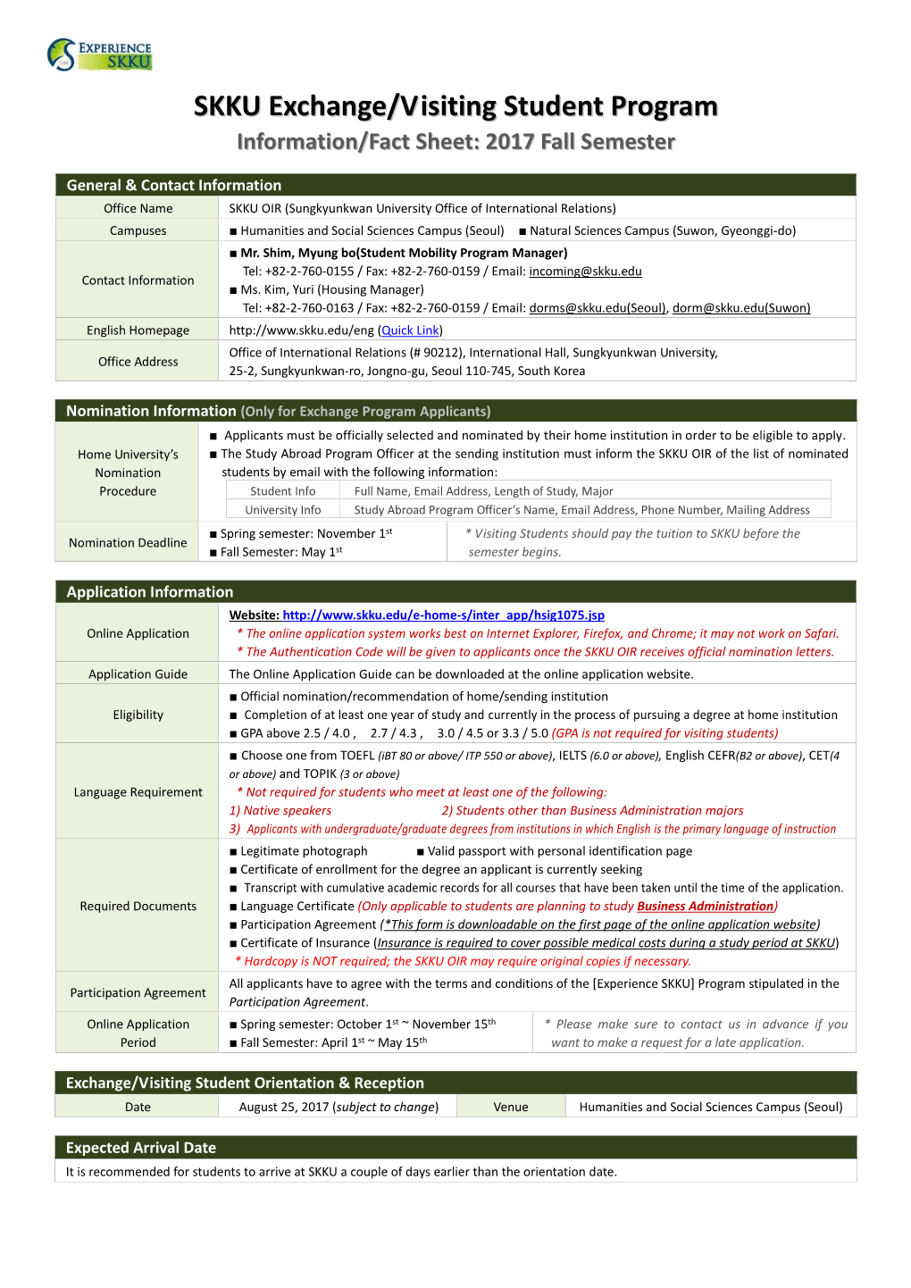 SKKU Exchange/Visiting Student Program Information/Fact Sheet: 2017 Fall Semester