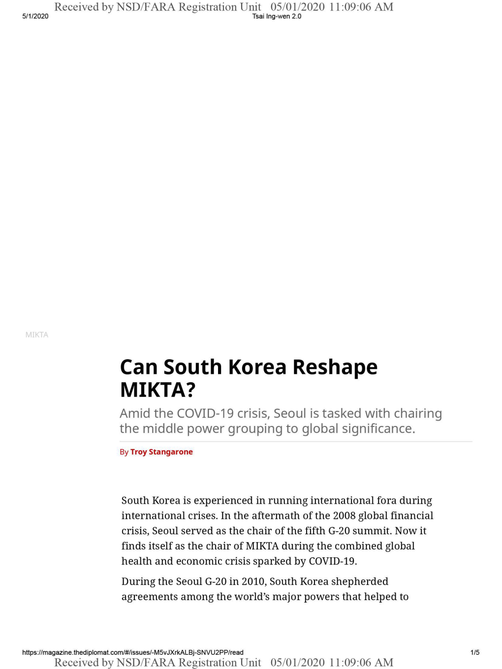 Can South Korea Reshape MIKTA? Amid the COVID-19 Crisis, Seoul Is Tasked with Chairing the Middle Power Grouping to Global Significance