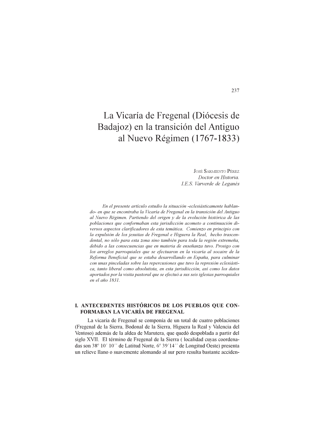 La Vicaría De Fregenal (Diócesis De Badajoz) En La Transición Del Antiguo Al Nuevo Régimen (1767-1833)