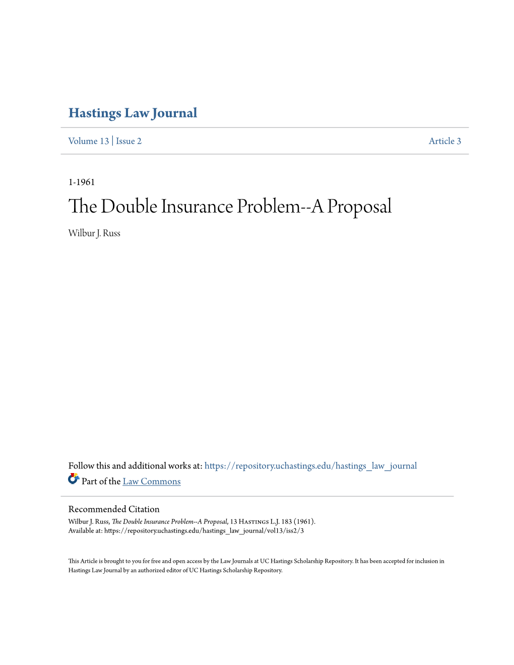 The Double Insurance Problem--A Proposal, 13 Hastings L.J