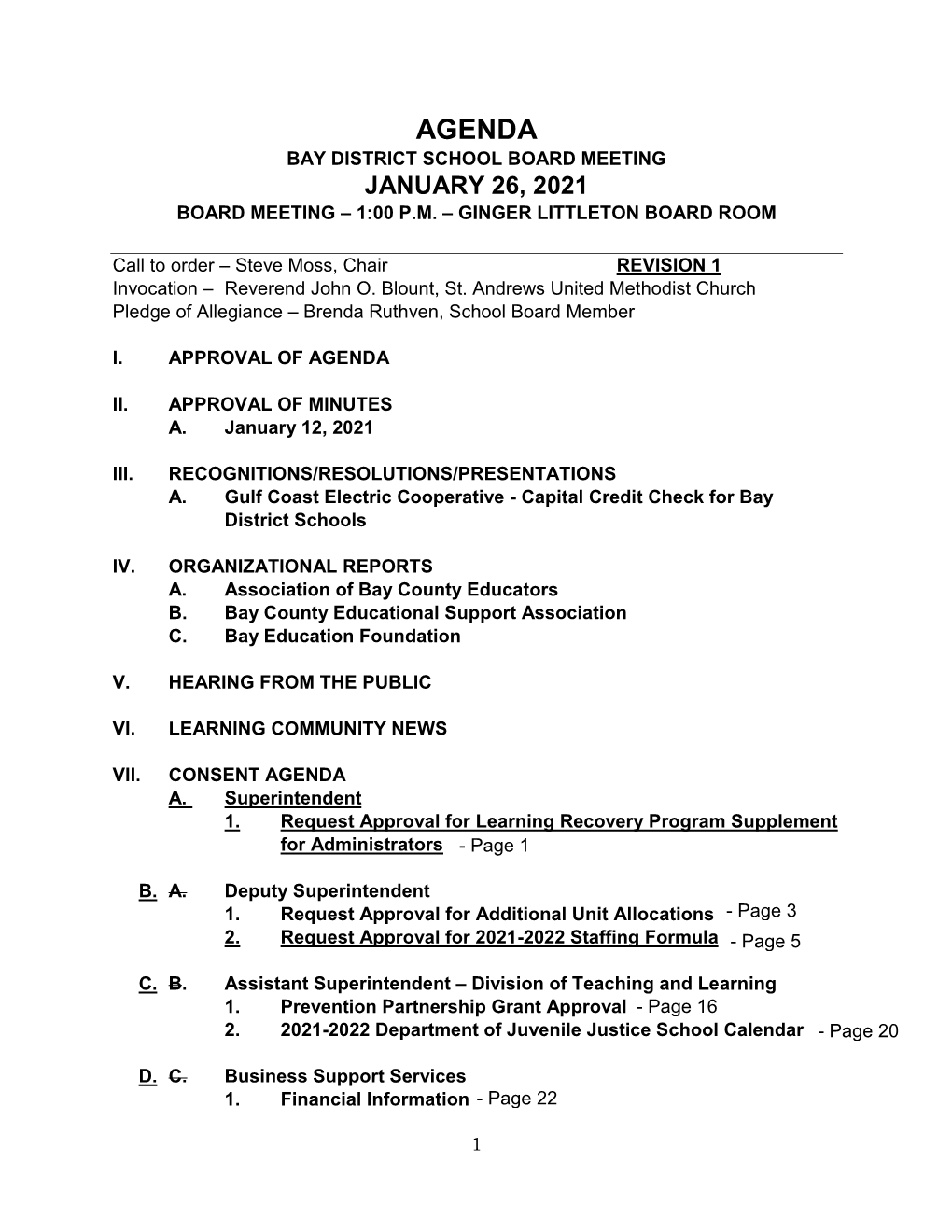 Agenda Bay District School Board Meeting January 26, 2021 Board Meeting – 1:00 P.M