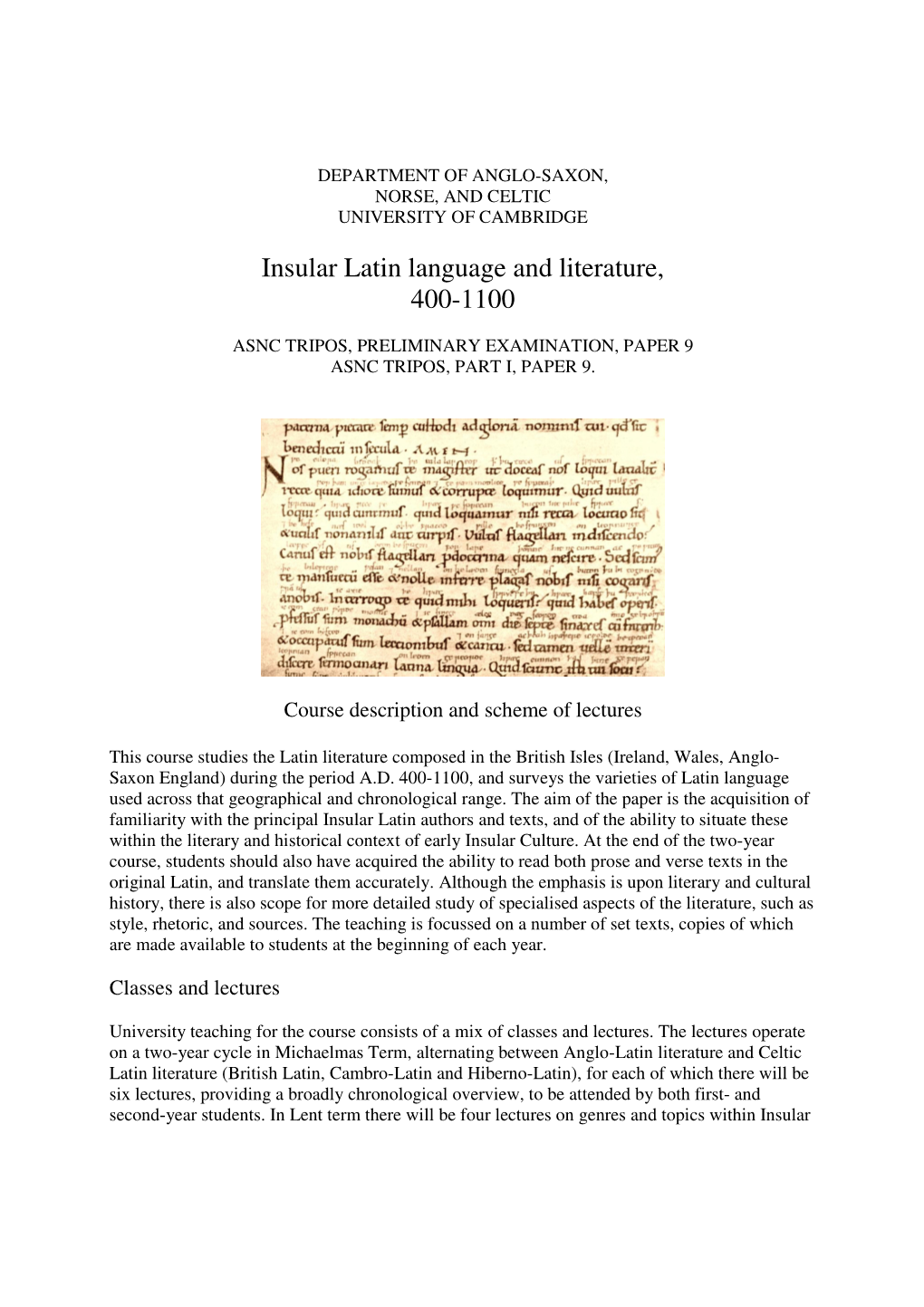 Insular Latin Language and Literature, 400-1100