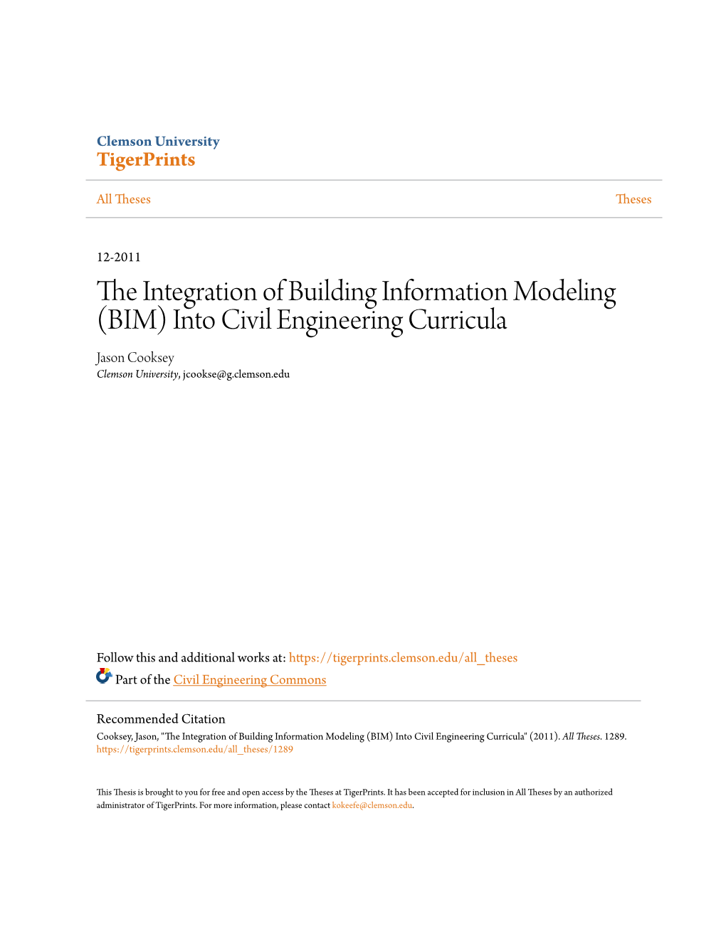 The Integration of Building Information Modeling (Bim) Into Civil Engineering Curricula