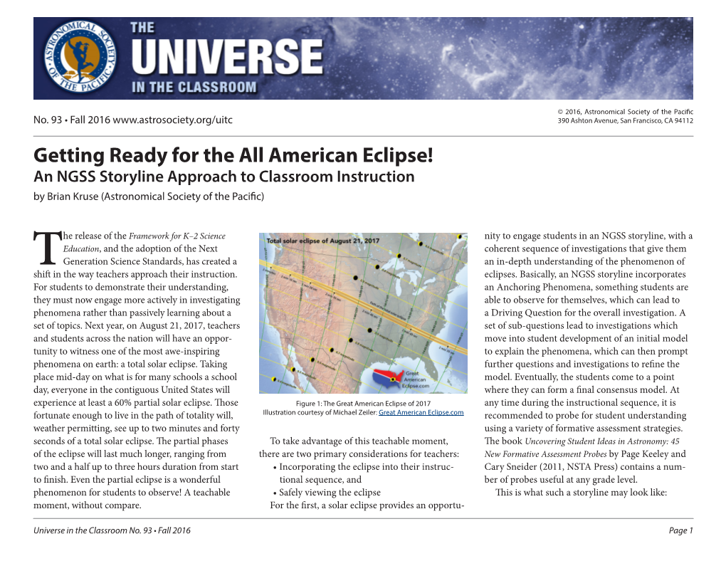 Getting Ready for the All American Eclipse! an NGSS Storyline Approach to Classroom Instruction by Brian Kruse (Astronomical Society of the Pacific)