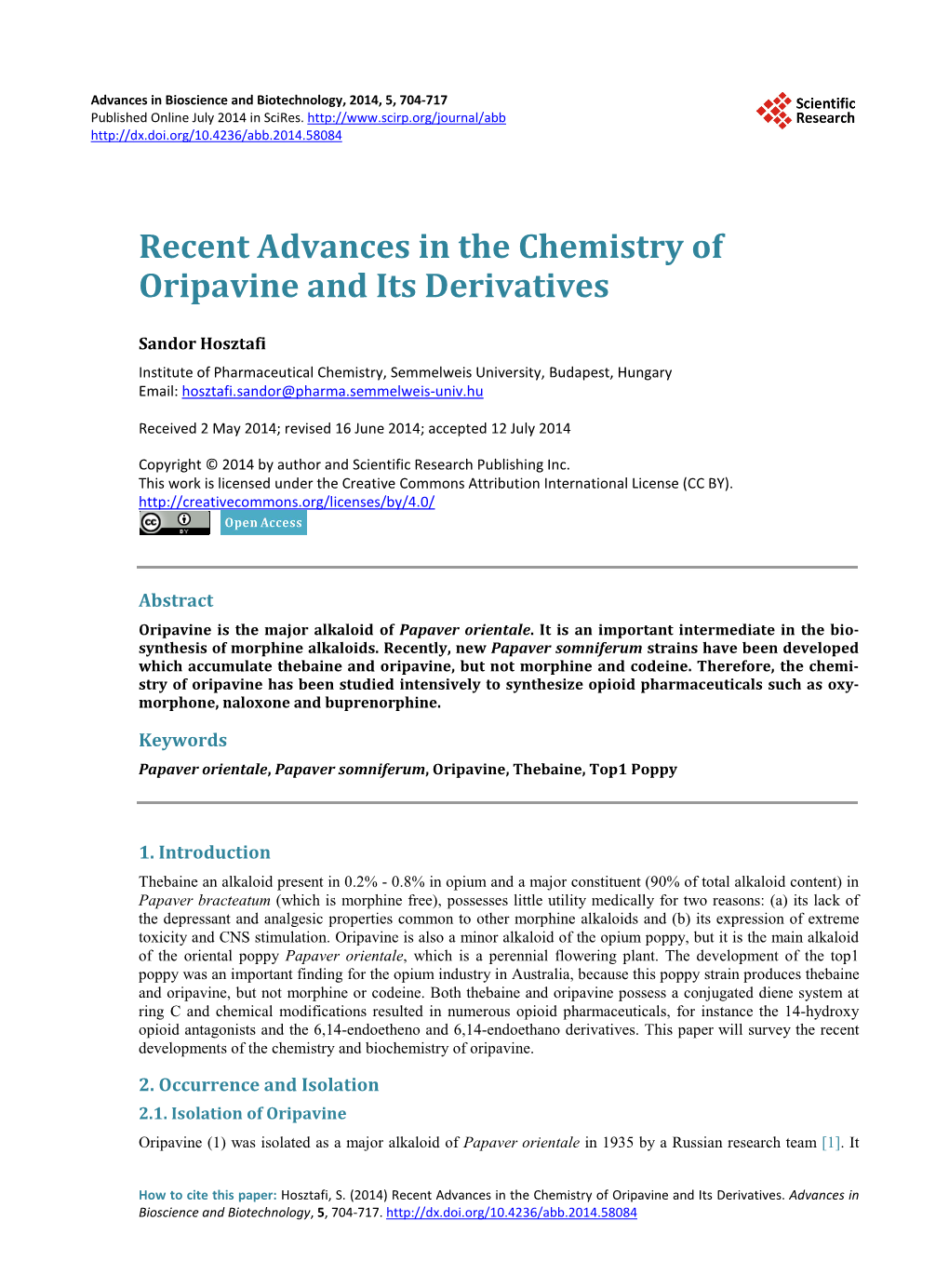 Recent Advances in the Chemistry of Oripavine and Its Derivatives