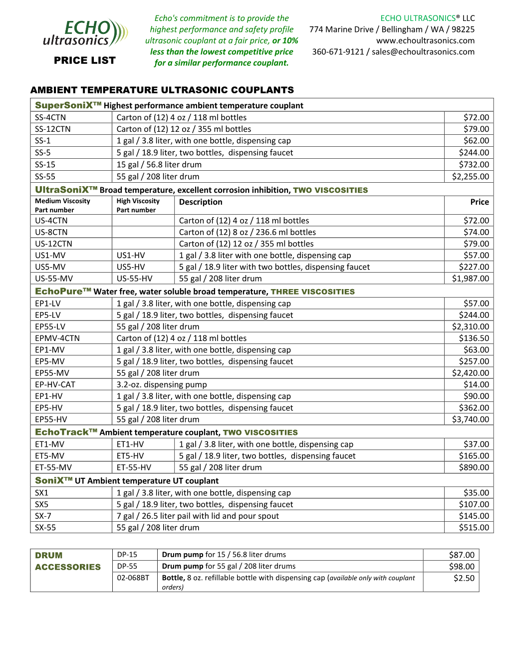 PRICE LIST for a Similar Performance Couplant