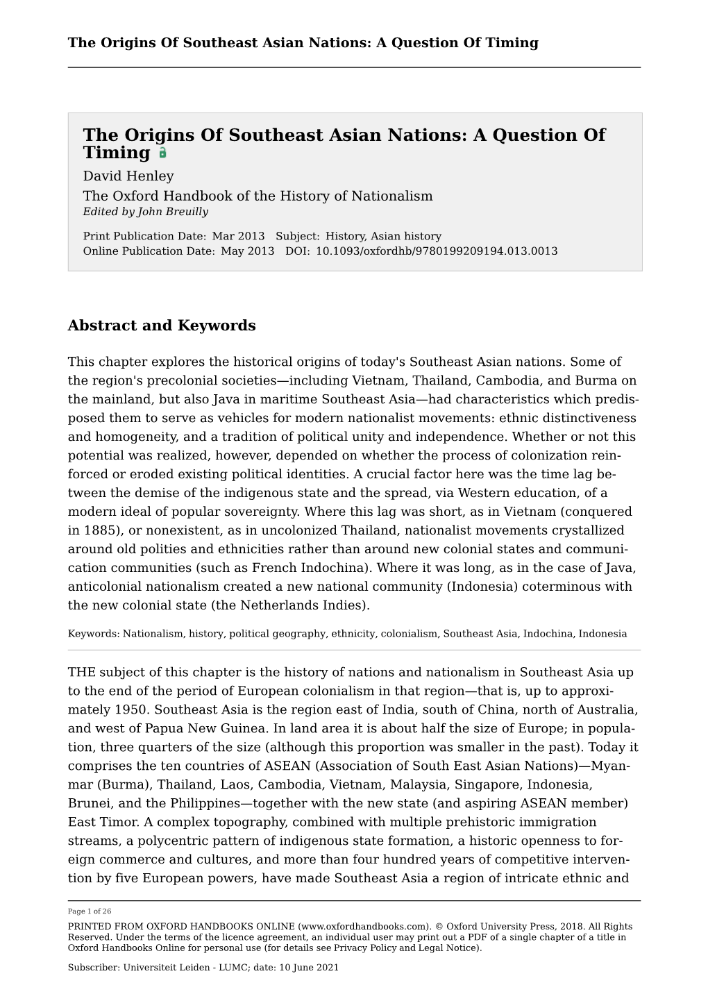 Origins of Southeast Asian Nations: a Question of Timing