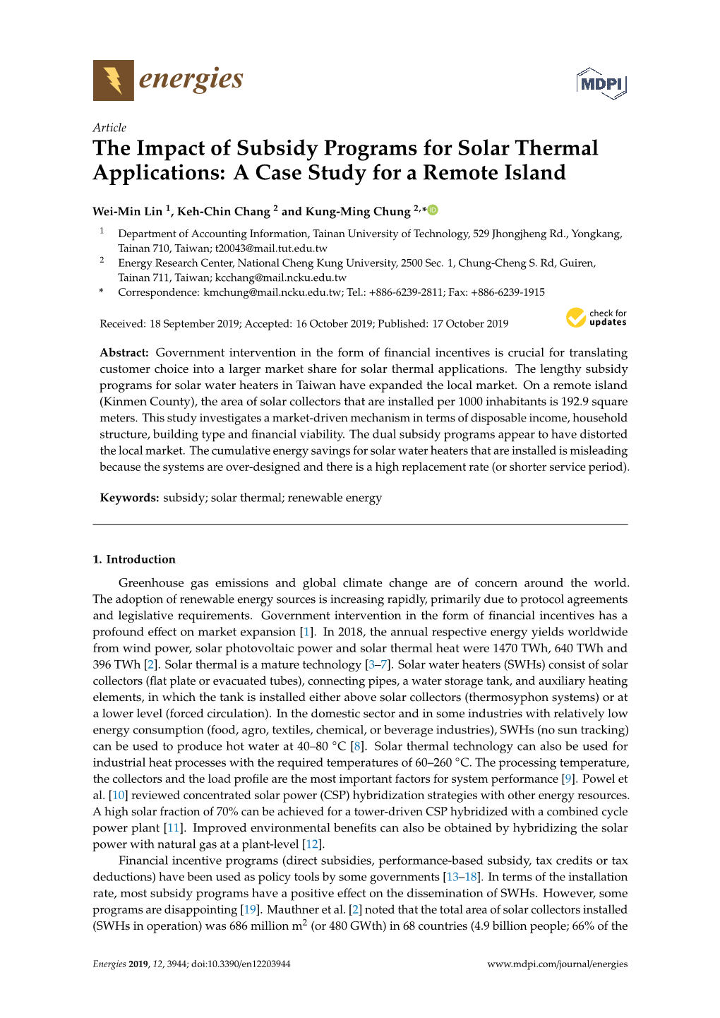 The Impact of Subsidy Programs for Solar Thermal Applications: a Case Study for a Remote Island