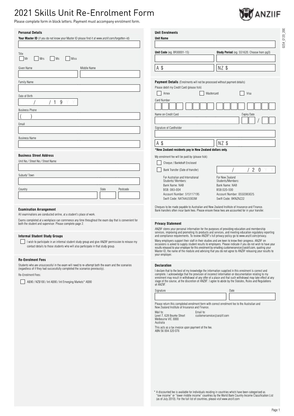 2021 Skills Unit Re-Enrolment Form Please Complete Form in Block Letters