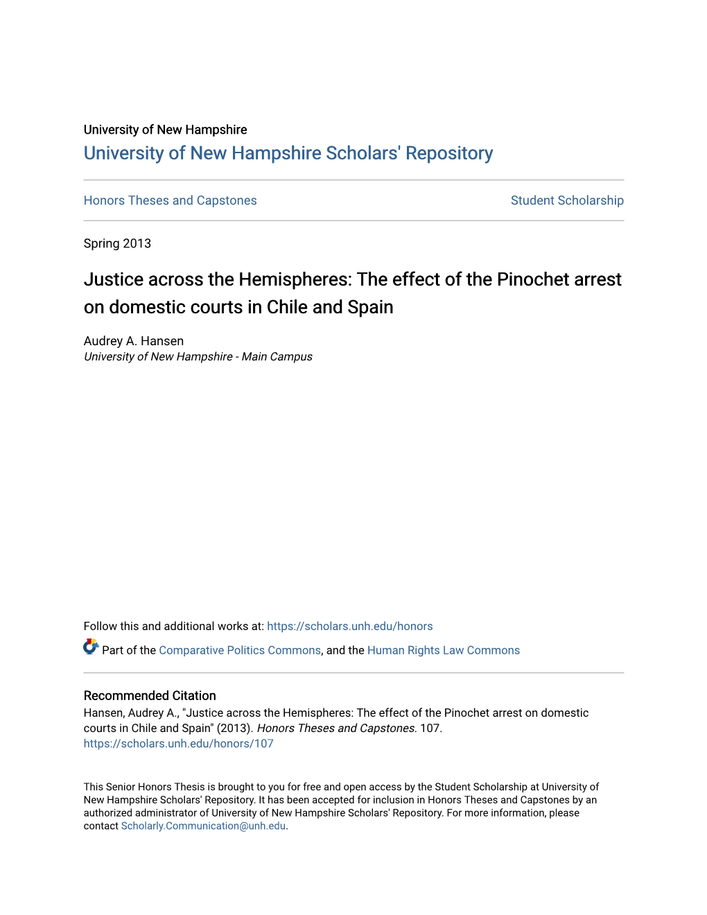 Justice Across the Hemispheres: the Effect of the Pinochet Arrest on Domestic Courts in Chile and Spain