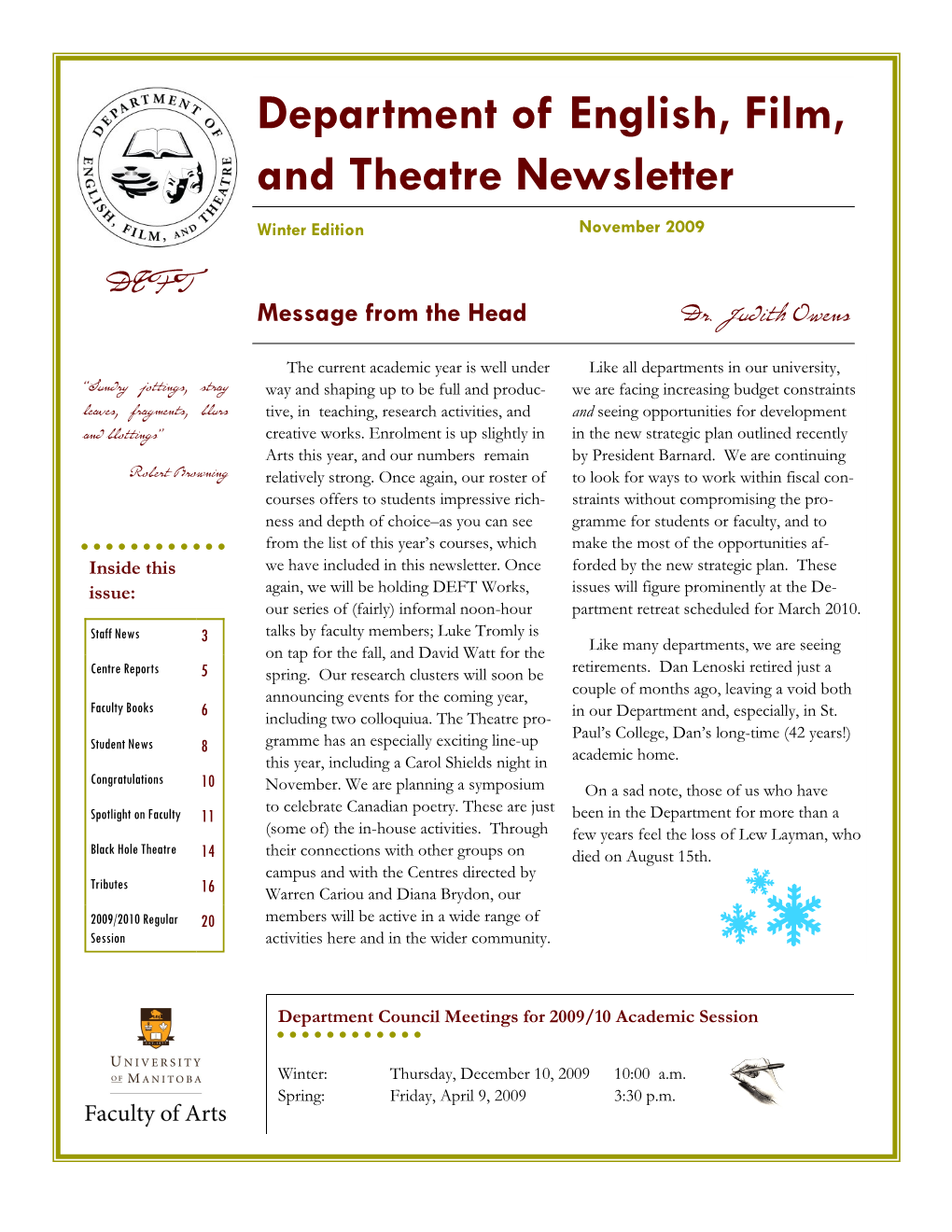 Department of English, Film, and Theatre Newsletter