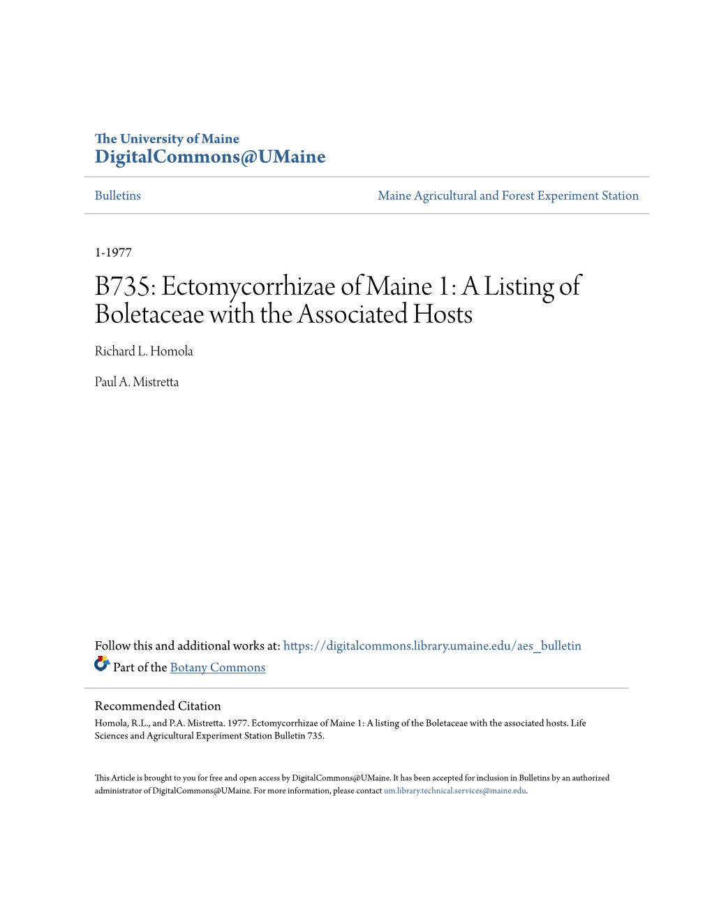 B735: Ectomycorrhizae of Maine 1: a Listing of Boletaceae with the Associated Hosts Richard L