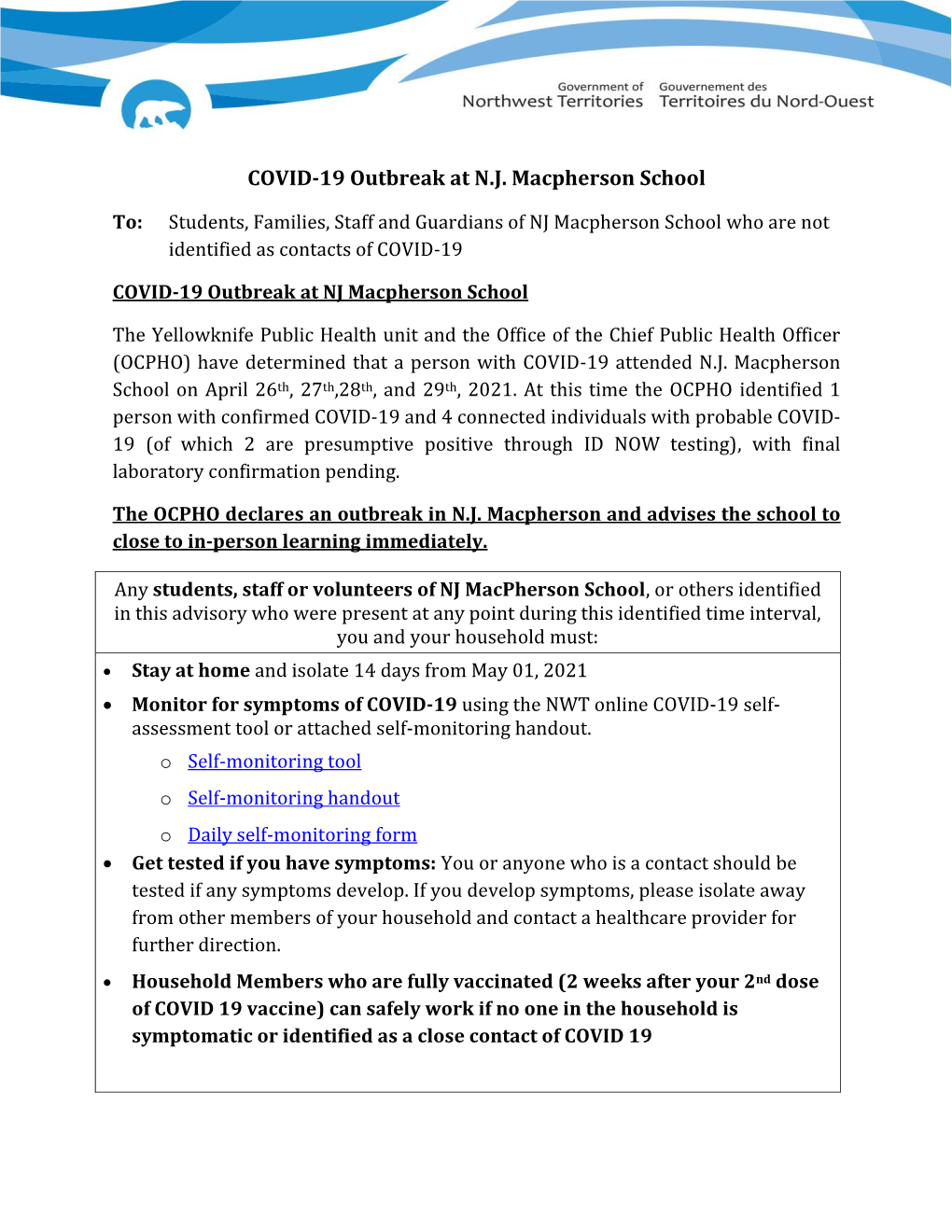 COVID-19 Outbreak at N.J. Macpherson School