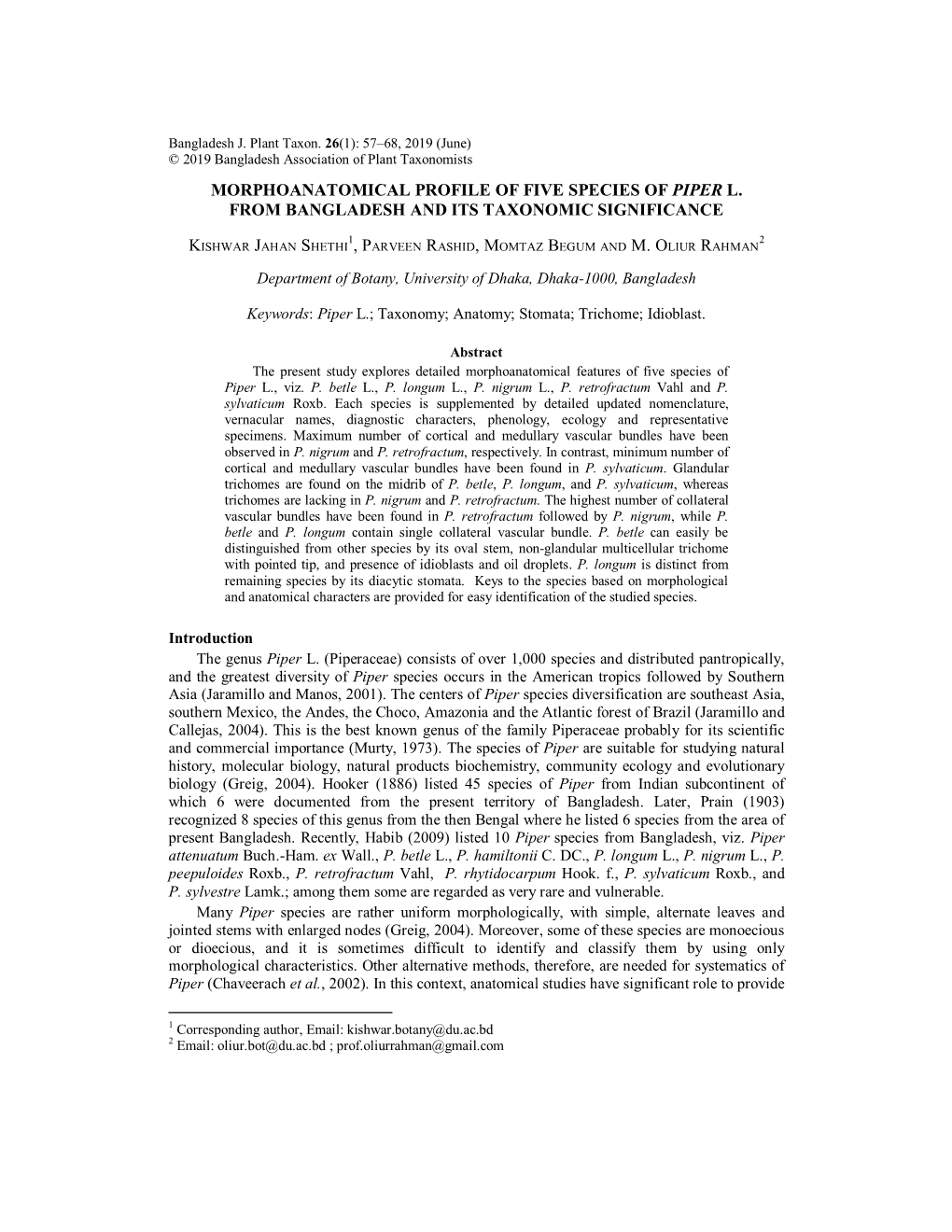 Morphoanatomical Profile of Five Species of Piper L. from Bangladesh and Its Taxonomic Significance