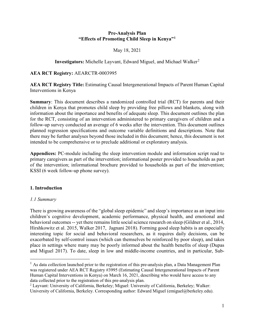 Pre-Analysis Plan “Effects of Promoting Child Sleep in Kenya”1