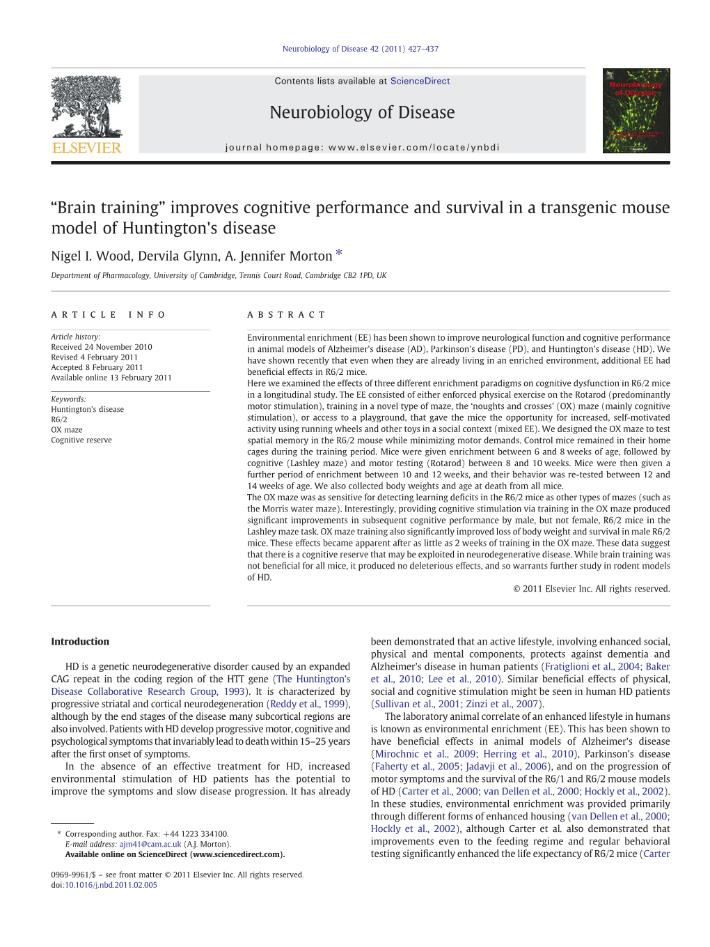 Brain Training” Improves Cognitive Performance and Survival in a Transgenic Mouse Model of Huntington's Disease