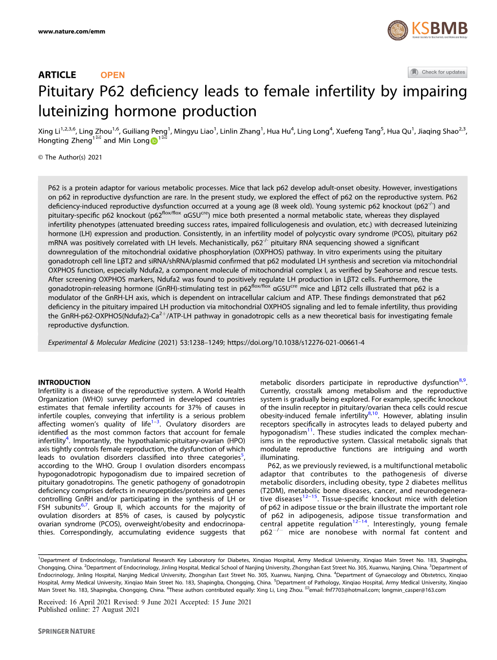 Pituitary P62 Deficiency Leads to Female Infertility by Impairing Luteinizing Hormone Production