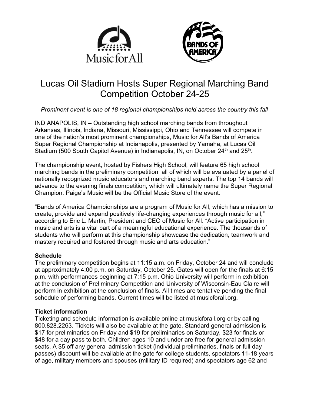 Lucas Oil Stadium Hosts Super Regional Marching Band Competition October 24-25
