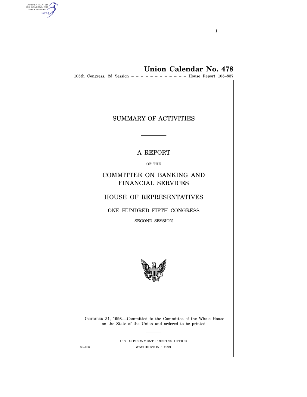 Union Calendar No. 478 105Th Congress, 2D Session – – – – – – – – – – – – House Report 105–837