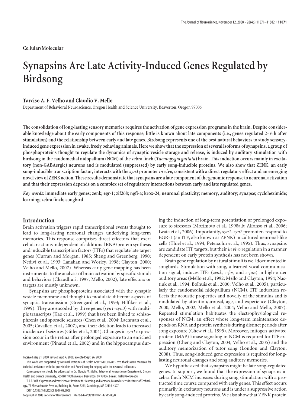 Synapsins Are Late Activity-Induced Genes Regulated by Birdsong