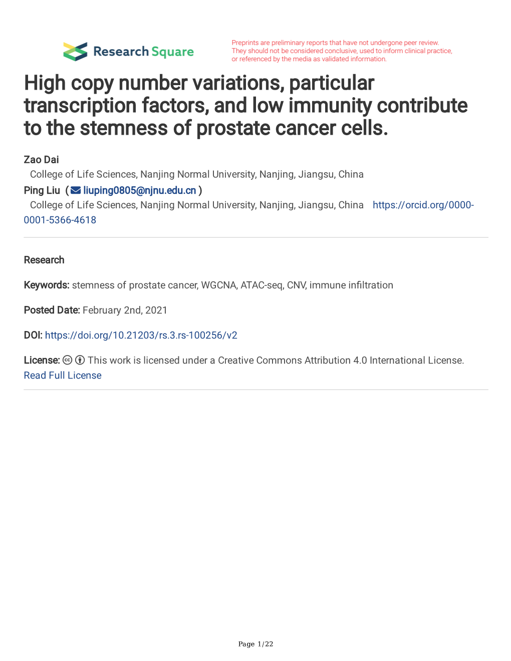 High Copy Number Variations, Particular Transcription Factors, and Low Immunity Contribute to the Stemness of Prostate Cancer Cells