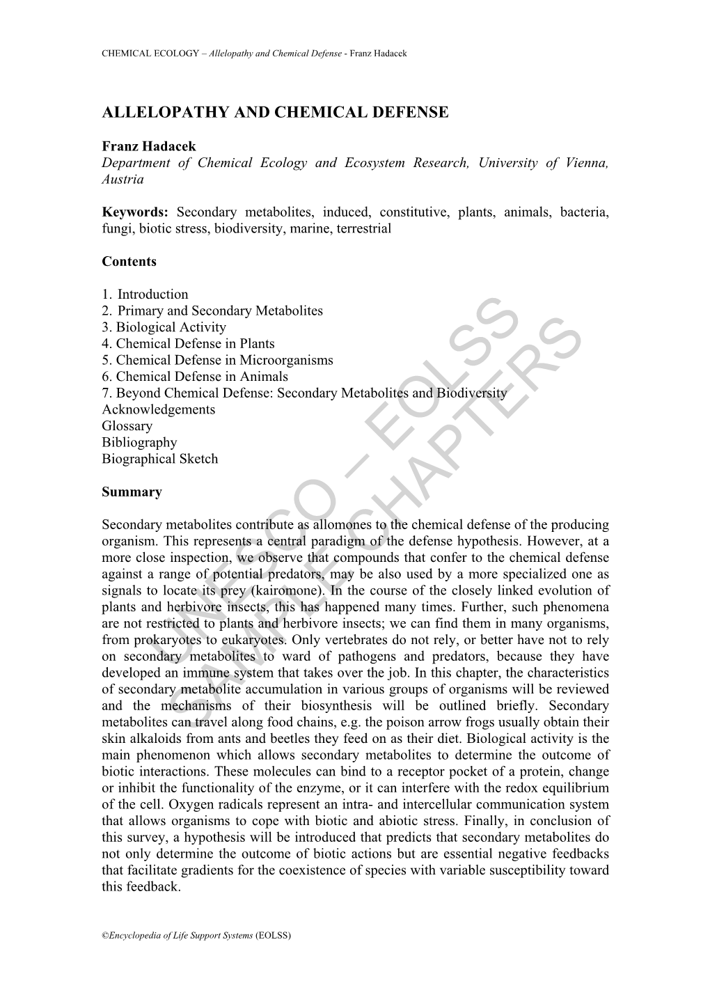 Allelopathy and Chemical Defense - Franz Hadacek