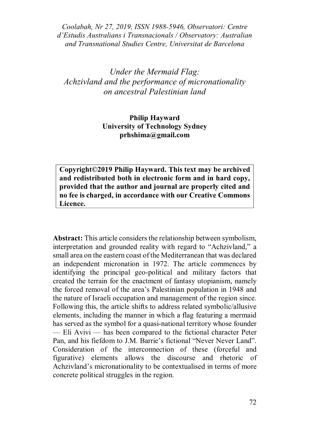 Under the Mermaid Flag: Achzivland and the Performance of Micronationality on Ancestral Palestinian Land