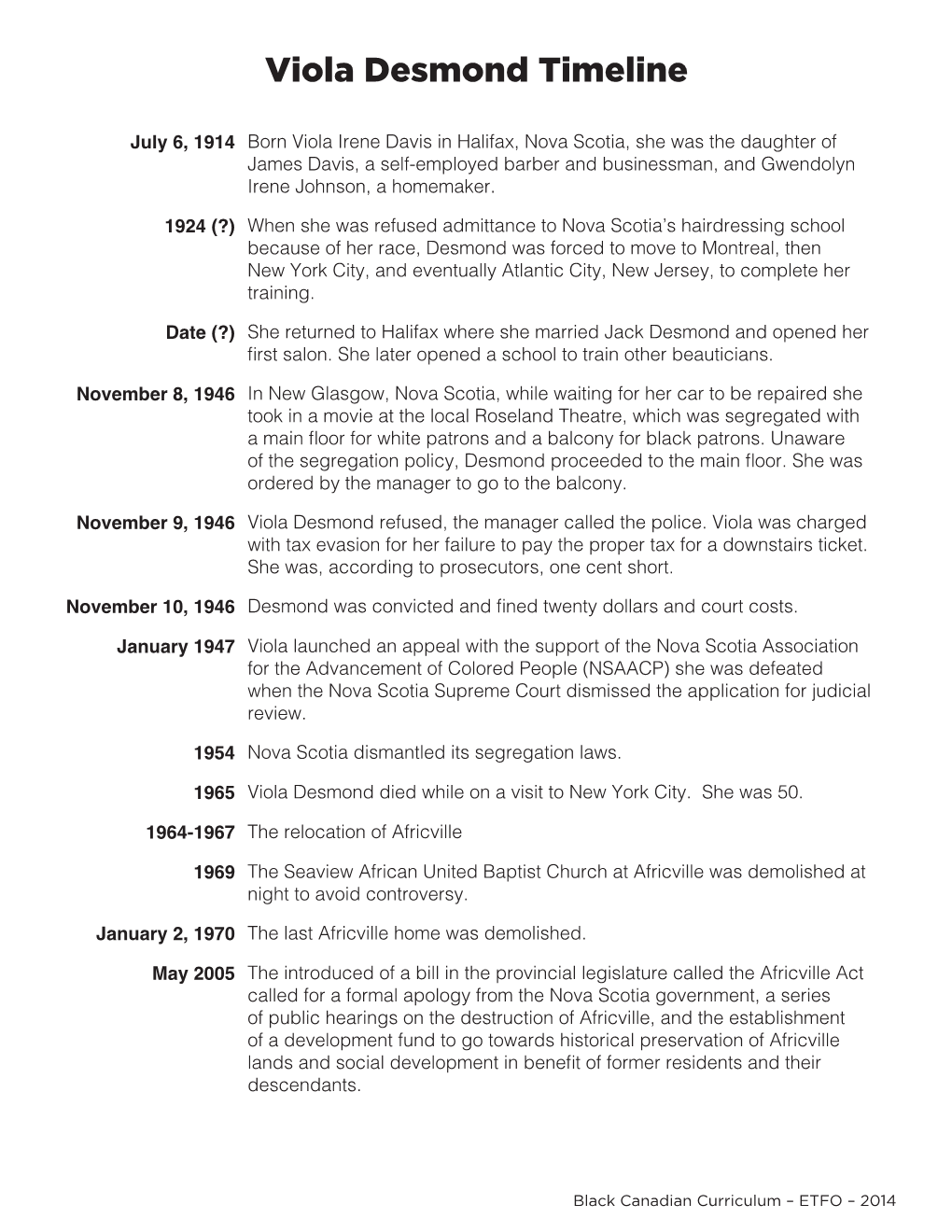 Viola Desmond Timeline
