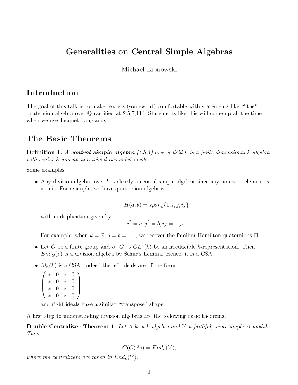 Generalities on Central Simple Algebras Introduction the Basic