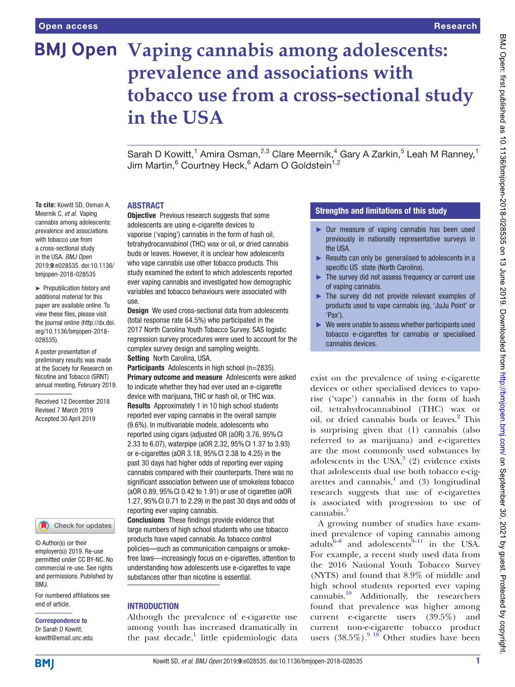 Vaping Cannabis Among Adolescents: Prevalence and Associations with Tobacco Use from a Cross-Sectional Study in the USA