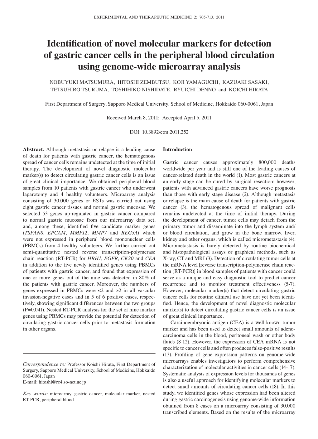 Identification of Novel Molecular Markers for Detection of Gastric Cancer Cells in the Peripheral Blood Circulation Using Genome-Wide Microarray Analysis