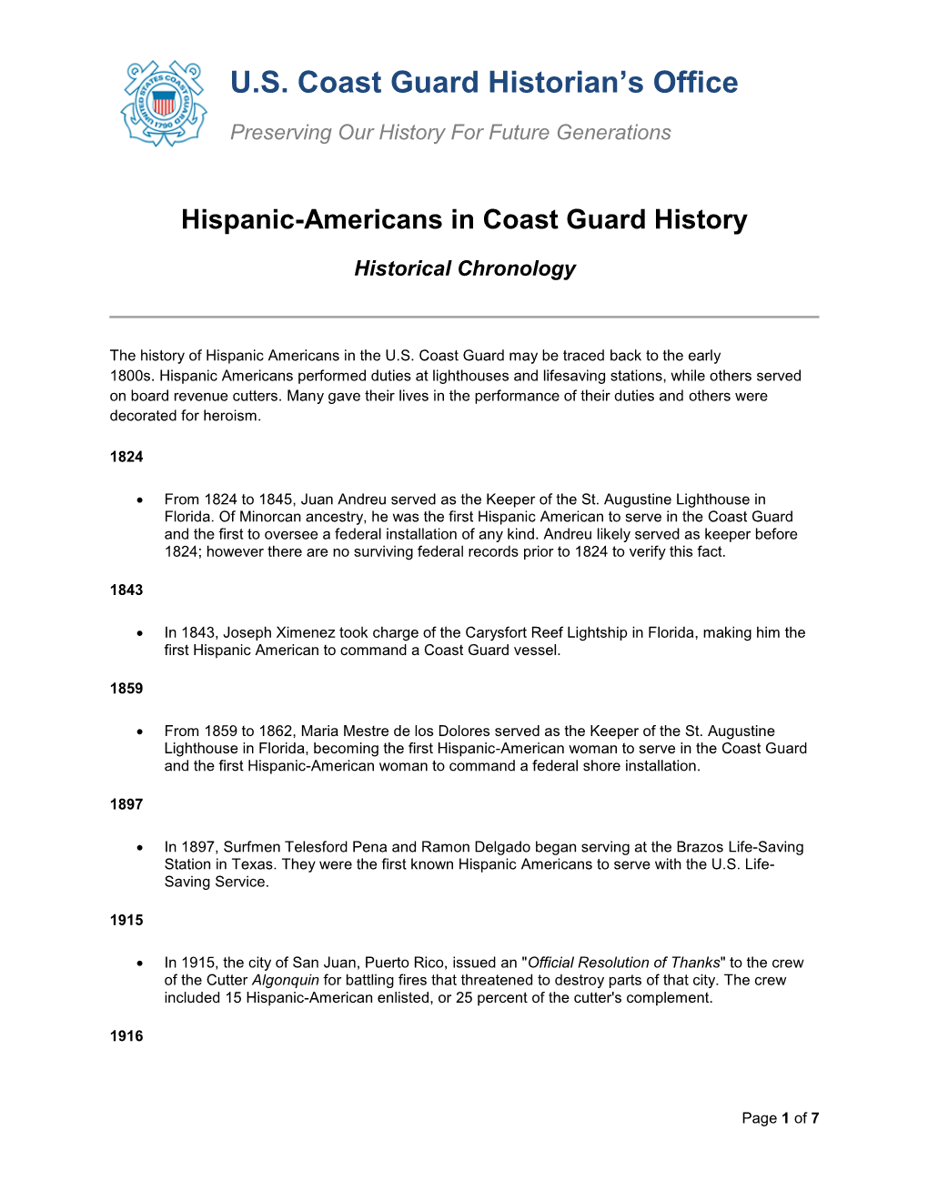 USCG Hispanic-American Historical Chronology