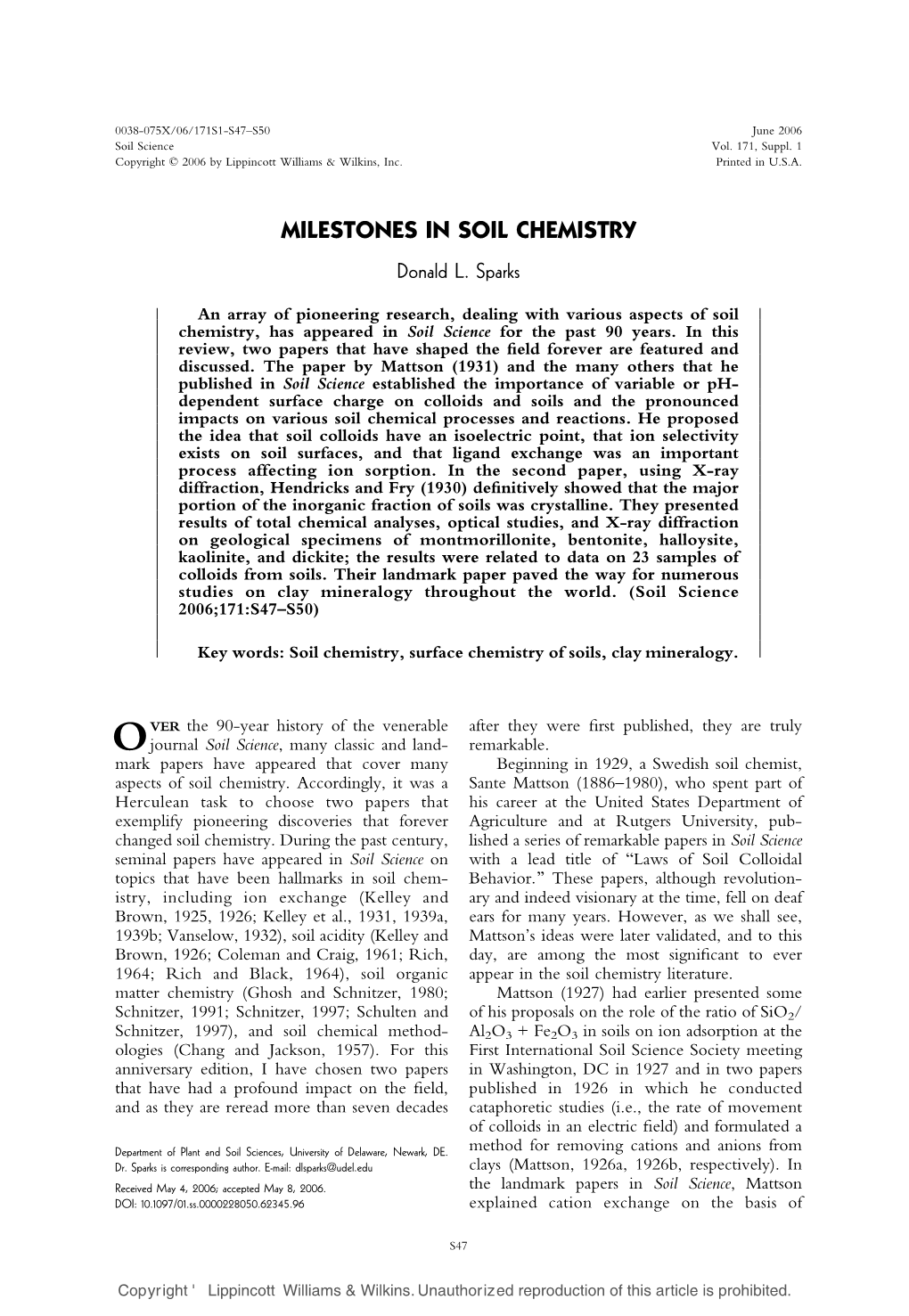 MILESTONES in SOIL CHEMISTRY Donald L