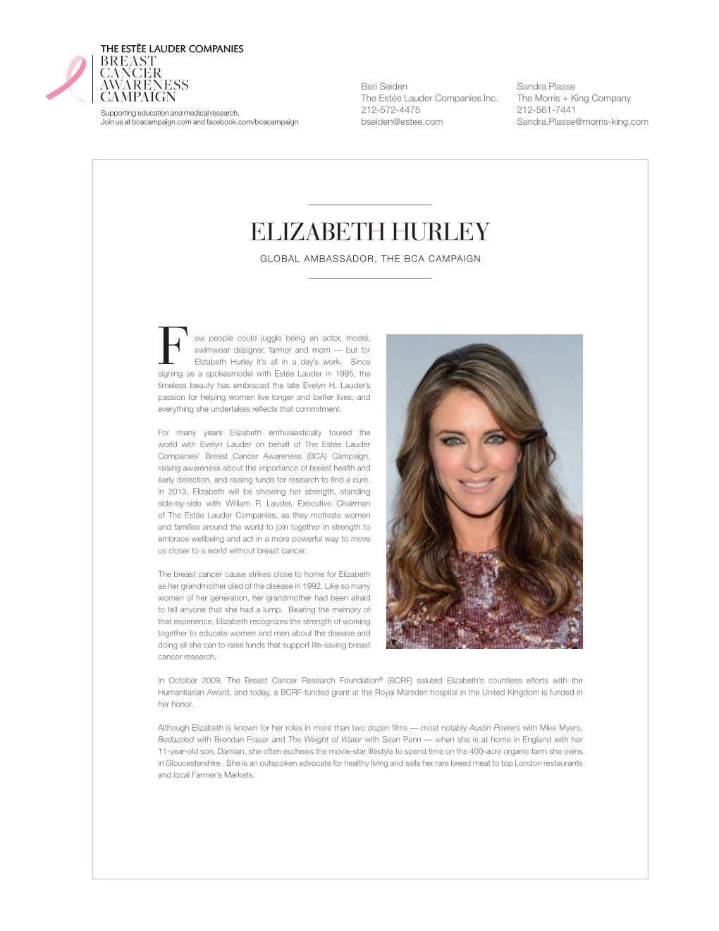 Elizabeth Hurley Global Ambassador, the Bca Campaign