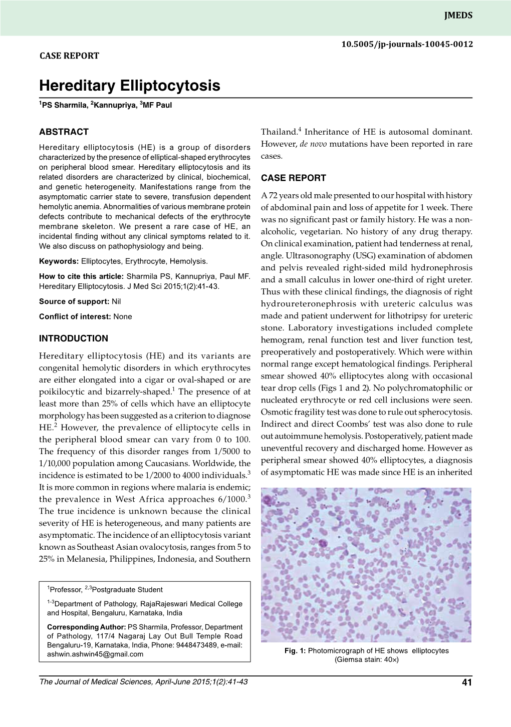 Hereditary Elliptocytosis CASE REPORT