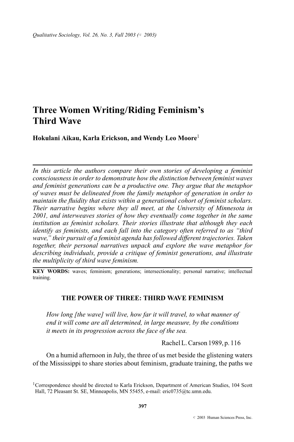 Three Women Writing/Riding Feminism's Third Wave