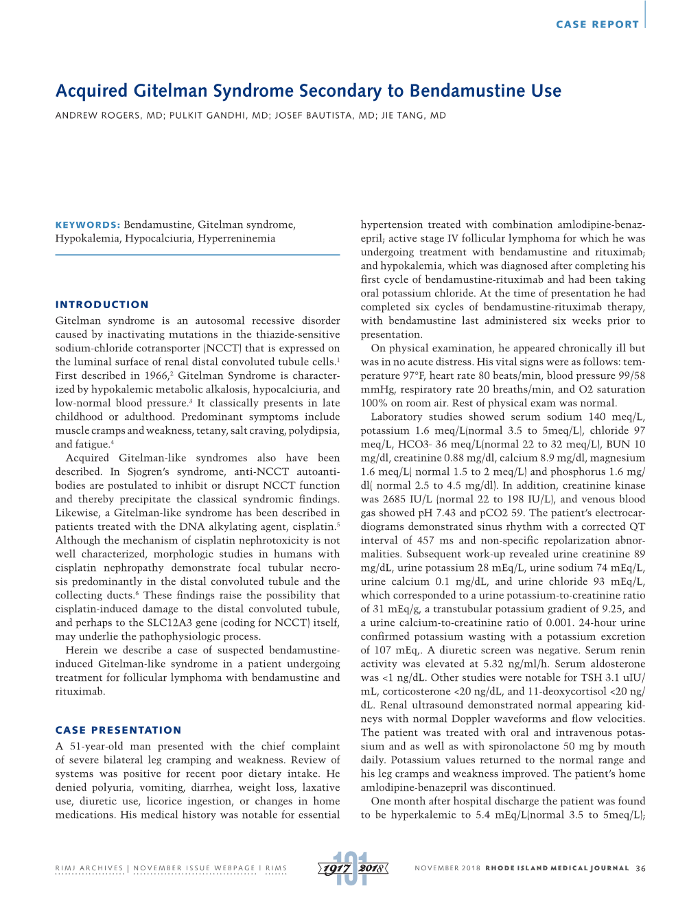 Acquired Gitelman Syndrome Secondary to Bendamustine Use