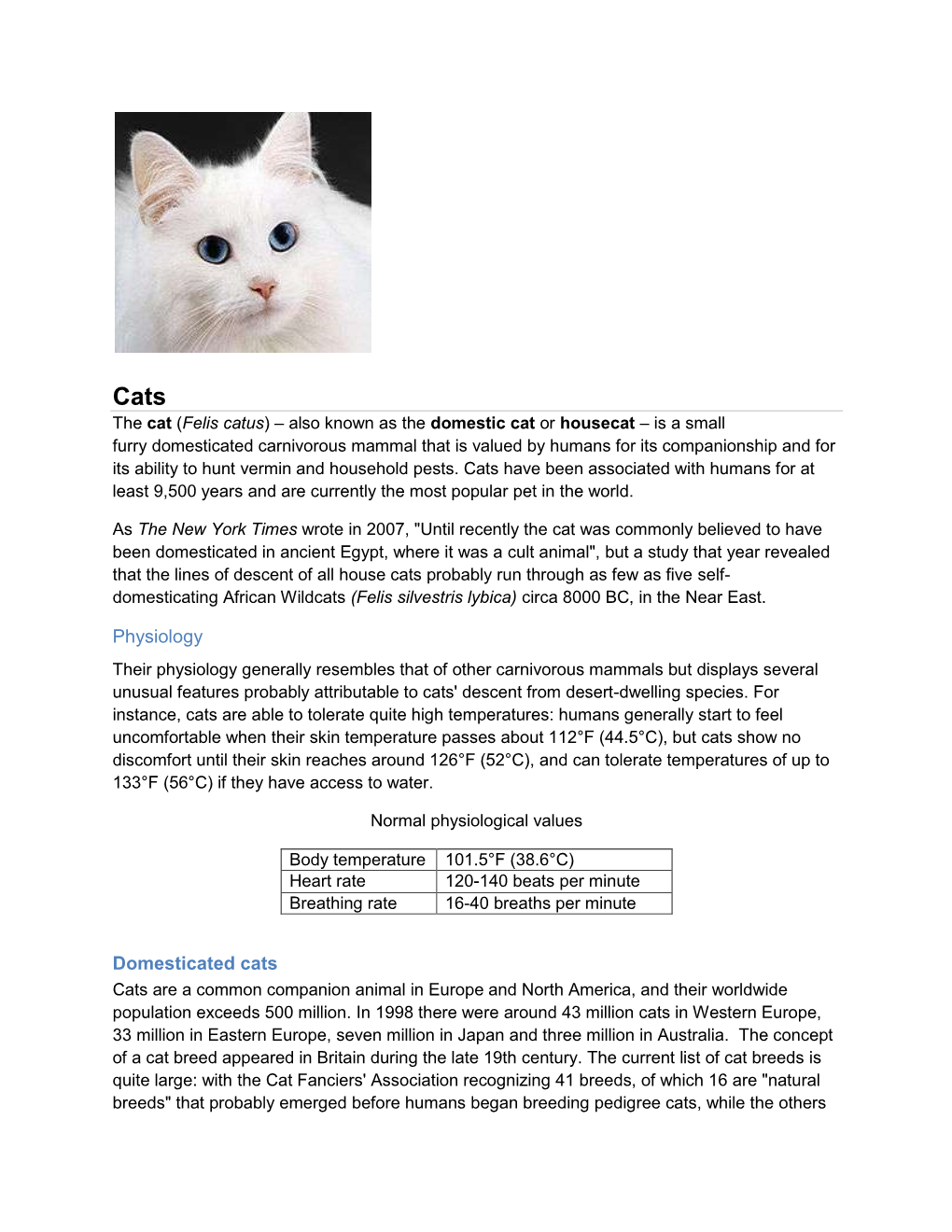 Physiology Domesticated Cats