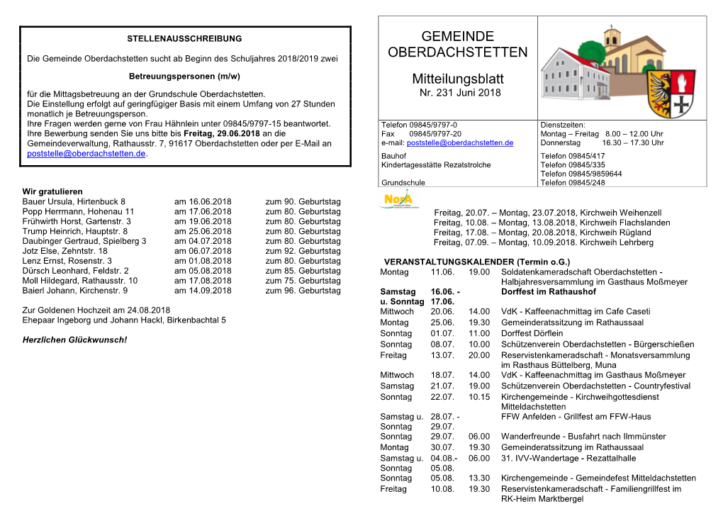 GEMEINDE OBERDACHSTETTEN Mitteilungsblatt